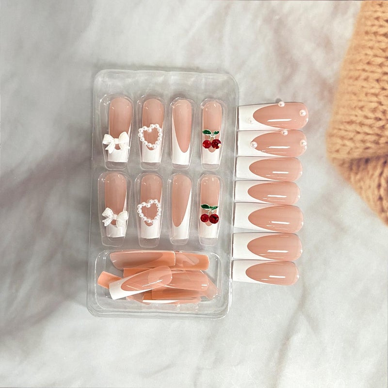 Vopintpy 3D Cherry Bow Pearl Fake Nails White French Tip Press on Nails Extra Long Square False Nail with Design Glossy Full Cover Artificial Reusable Stick on Nail for Women Nail Art - Image 3